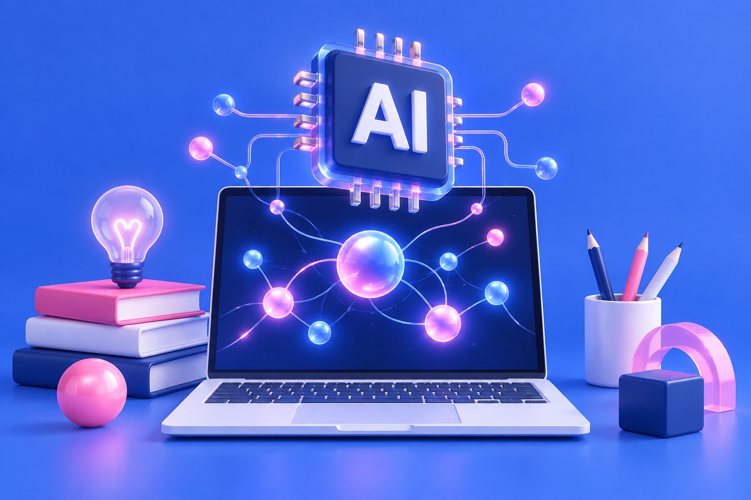 Minh họa laptop và chip AI trong học tập, sáng tạo
